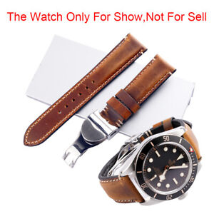 22mm Brown Leather Wrist WatchBand Strap With Silver Clasp For Tudor Seiko Skx