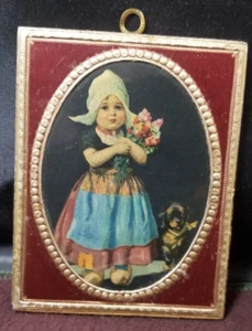 Dutch Girl w/ Flowers & Dog - Miniature Art Print-Framed On Wood-Brass Hanger - Picture 1 of 5