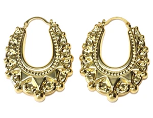 Victorian 9ct Yellow Gold M 30mm Oval Spiked Gypsy Creole Hoop Earrings - Picture 1 of 8