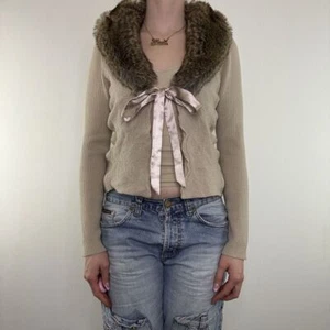 Y2K Strickjacke Vintage beige Schleife Kunstfellbesatz - Bild 1 von 7