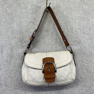 Coach Soho White Pebbled Leather Shoulder Bag Brown Trim Buckle Flap Purse Y2k - Picture 1 of 19