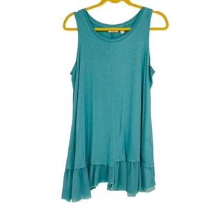 LOGO Layers Teal Blue Tank Top Pleated Split Ruffle Stretch Lori Goldstein M - Picture 1 of 13