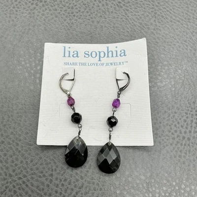 lia sophia Dangle Earrings Black Teardrop Beads Purple Leverback Gunmetal Tone - Image 1 of 4