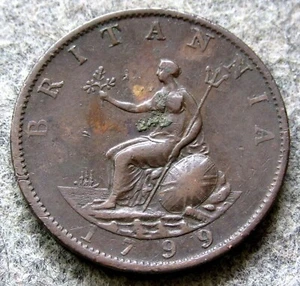 GREAT BRITAIN GEORGE III 1799 HALFPENNY, Seated Britannia COPPER km# 647 - Picture 1 of 6