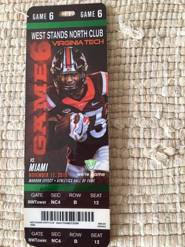 Laminated Virginia Tech West Stands North Club Ticket Nov. 17, 2018 Vs. Miami Cover