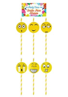 HENBRANDT 6 Happy Face Paper Straws - Party Tableware Yellow Design Events BBQ