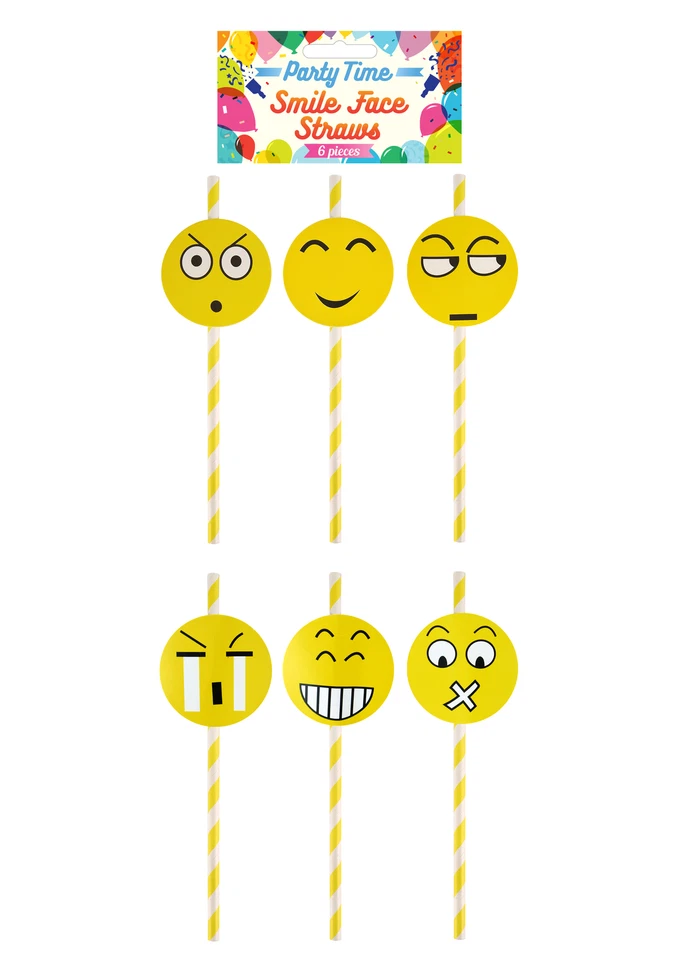 6 Happy Face Paper Straws - Party Tableware Yellow Design Events BBQ - Image 1 of 1
