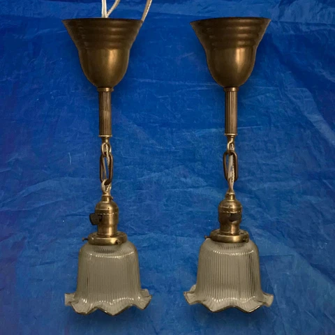Brass Pendant Light Fixtures With Rare Shades 17” Long Fixtures 105E Cover