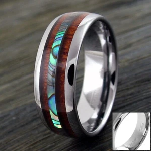 6/8mm Tungsten Men's Hawaiian Koa Wood & Abalone Wedding Band Ring-Engraving TW - Picture 1 of 11
