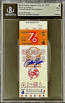 Pete Rose Signed 1976 World Series Game 4 Ticket Stub Beckett 4 VG-EX WS Champ - Image 1 of 2