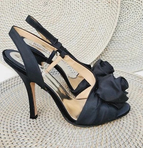NEW - BADGLEY MISCHKA Black Satin Sz 8 Open-toe 3D Flower Slingbacks Heel Shoes - Picture 1 of 12