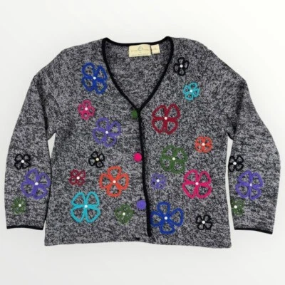 Design Option Philip & Jane Gordon Womens XL Wool Knit Sweater Cardigan Flowers - Image 1 of 4