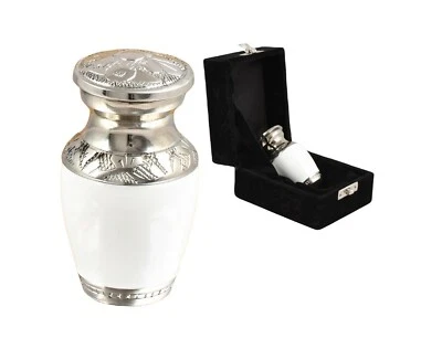 Mini keepsake ashes urn for token classic white silver cremation memorial  - Image 1 of 4