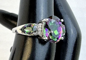 GORGEOUS 3 CT Mystic Topaz & Diamond Ring in Platinum over 925 Silver sz 6 - Picture 1 of 11