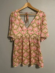 Trina Turk Womens Tunic Size 10 Silk Blend Chiffon Geometric Sheer Babydoll Boho - Picture 1 of 9