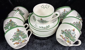 Spode Christmas Tree Porzellan Kaffee Tee flache Tassen & Untertassen ~~ 9 Sets/18 Teile - Bild 1 von 5