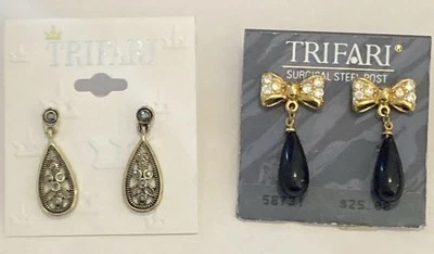 2 pares de PENDIENTES TRIFARI colgantes vintage/nuevos en tarjeta arco de cristal marcasita Foto 1 de 3