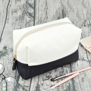 Portable Cosmetic Pouch Canvas PU Splicing Toiletry Case Wash Purse Travel - Picture 1 of 12