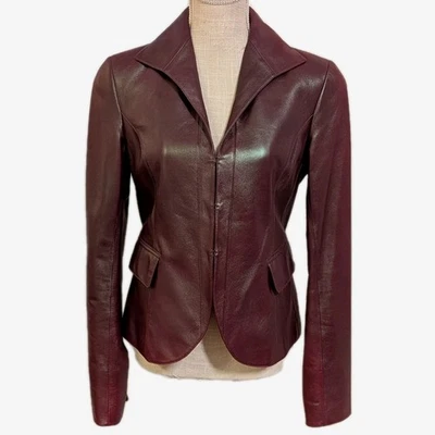 Jaqueta feminina Lafayette 148 100% couro 4 macia sensação sedosa bolsos vermelhos borgonha - Imagem 1 de 4