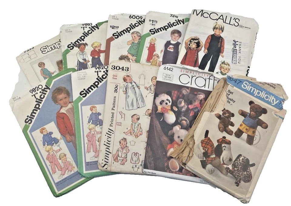 Lot Of 10 VINTAGE SEWING PATTERNS For Baby Toddler Kids Stuffie Toys - Image 1 of 1