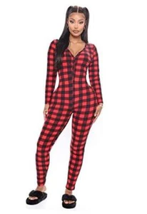 Women's Striped Christmas Pajamas One Piece Sleepwear Small Gingham Plaid - Picture 1 of 5