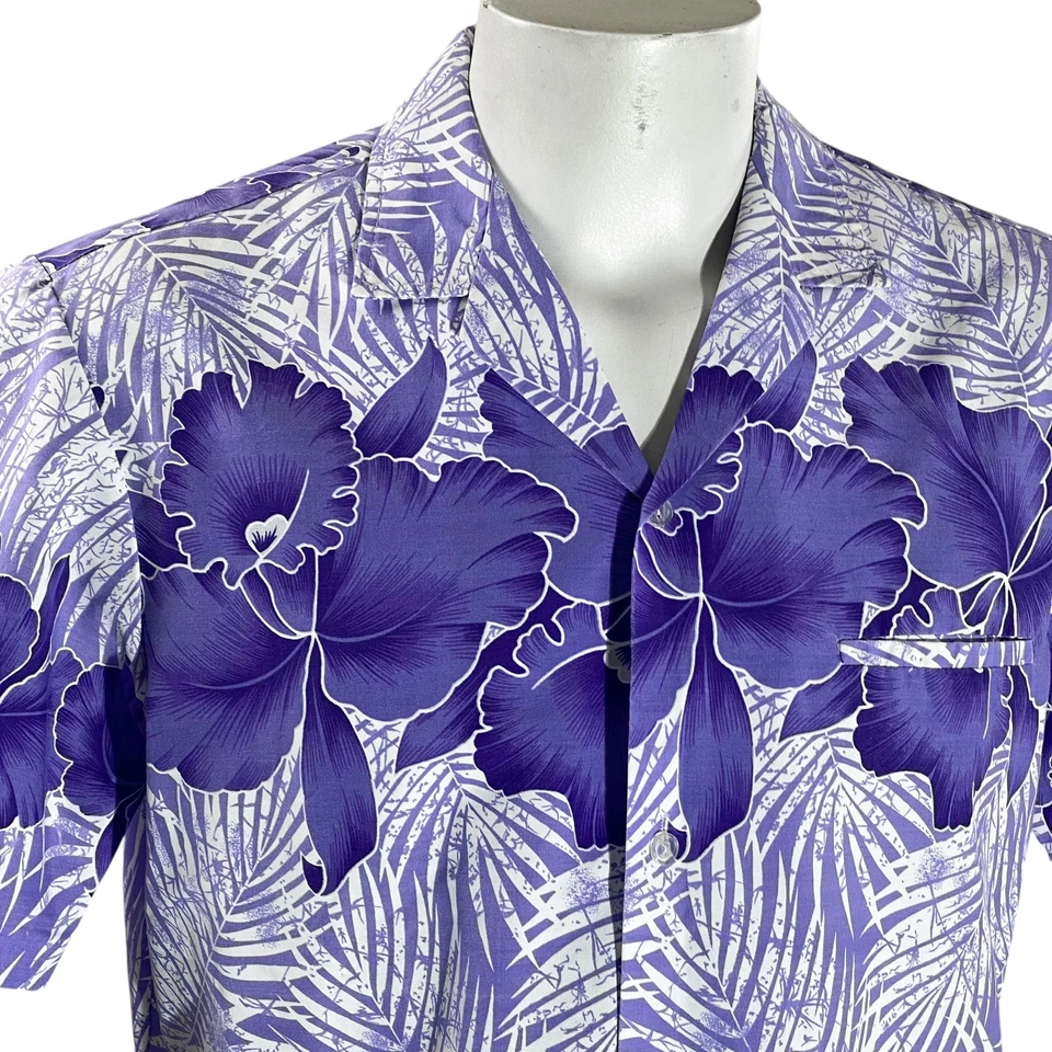 Camisa Hawaiana Vintage Royal Creations Mediana Flores Tropicales Púrpura Blanca Foto 1 de 4