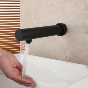 Automatic Sensor Bathroom Sink Faucet Black Touchless 1Hole Wall Mount Basin Tap - Picture 1 of 9