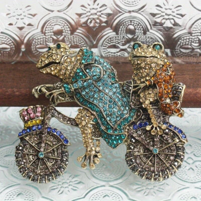 Unique Two Frogs on a Bike Vintage Style Brooch - Sparkling Rhinestone Pin - Image 1 of 4