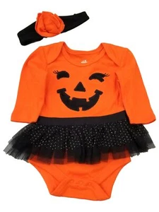 Infant Girls Halloween Orange & Black Pumpkin Tulle Bodysuit w/ Headband - Picture 1 of 1