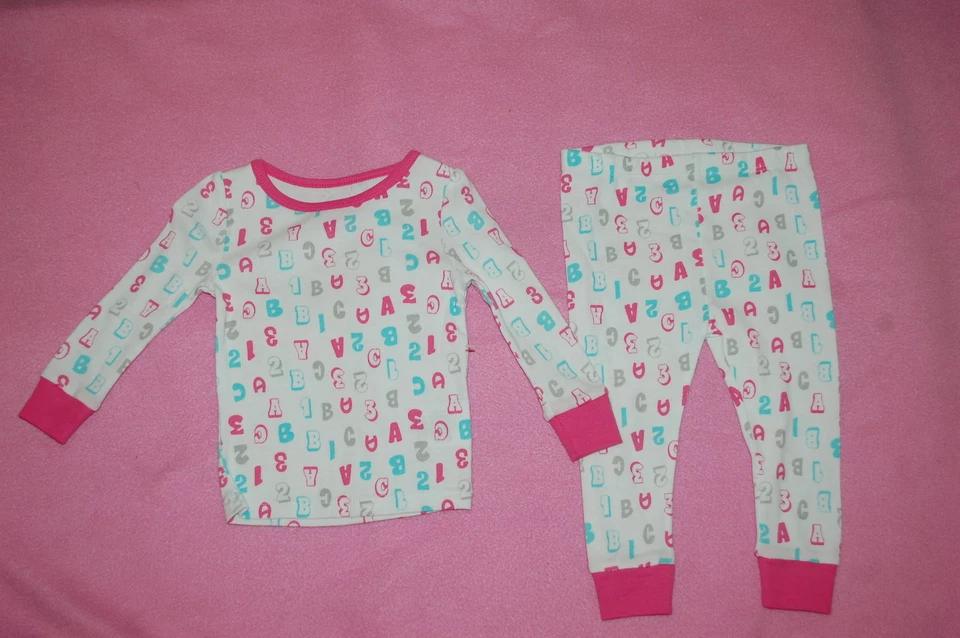 Bebé Niñas L/S JUEGO DE PIJAMA TEJIDO Blanco Rosa Gris Aqua ABC'S y 123's Talla 24 MO Foto 1 de 1