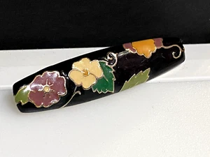 Vintage Brooch Jewellery Enamel Black Flowers Baguette Gold Metal 6.42g - Picture 1 of 7