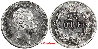 Sweden Oscar I Silver 1859/8 25 Ore SCARCE OVERDATE aUnc Toning KM# 684 (9891) - Image 1 of 3