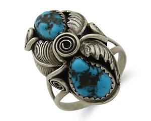 Navajo Ring .925 Silver Sleeping B Turquoise Artist Signed MP C.80's - Picture 1 of 10