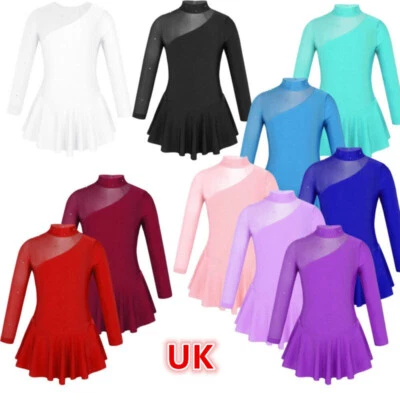 UK Girl Roller Ice Skating Dress Ballet Leotard Long Sleeve Mock Neck Dancewear  - Image 1 of 4