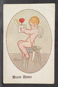 QUERUBÍN DESNUDO~JACK IN THE BOX con CORAZONES ARTISTA FIRMADO BUSI~BUON AÑO~POSTAL - Imagen 1 de 2