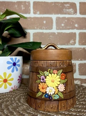 Vintage Small Daisy Barrel Canister Ceramic Atlantic Mold Colorful Flowers 1978 - Image 1 of 4