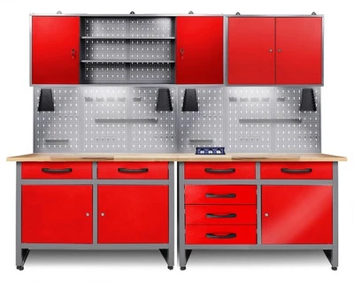 Ondis24 Werkstatt Set 240 cm Werkbank Metall Werkzeugschrank Lochwand Haken Rot - Bild 1 von 4