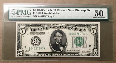 1928A $5 FRN MINNEAPOLIS ~BIG 9 Numeric Seal FR 1951-I PMG 50 Ser# I 0453 7607 A - Image 1 of 3