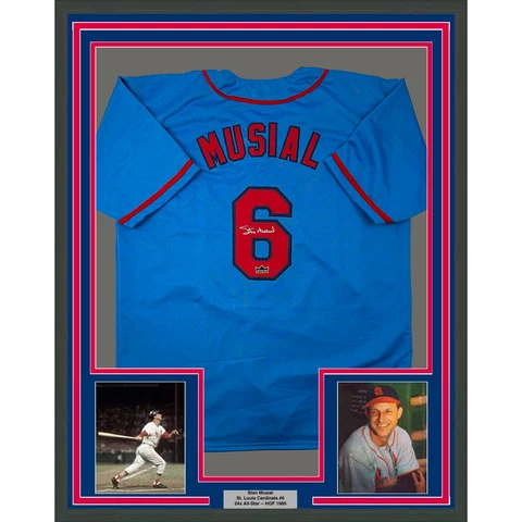 Framed Facsimile Autographed Stan Musial 33x42 Blue Reprint Laser Auto Jersey Cover