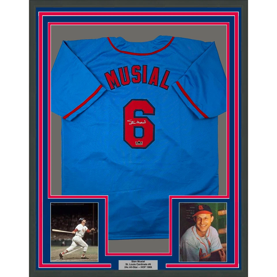 Framed Facsimile Autographed Stan Musial 33x42 Blue Reprint Laser Auto Jersey - Image 1 of 2