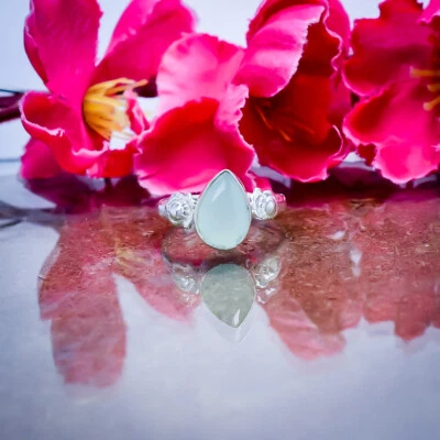 Carino Acqua Calcedonio Taglio Gemma 925 Argento Sterling Handmade Anello Tutti - Immagine 1 di 3