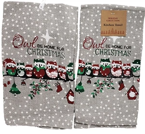 Set of 2 Same Thin Cotton Tea Towels (15"x25") OWLS,OWL BE HOME FOR CHRISTMAS,HC - Picture 1 of 10