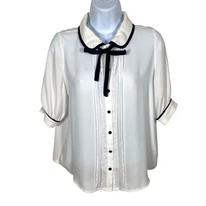 Arrow Blouse M Tie Neck Peter Pan Contrast Piping Button Up French Girl Coquette - Picture 1 of 13