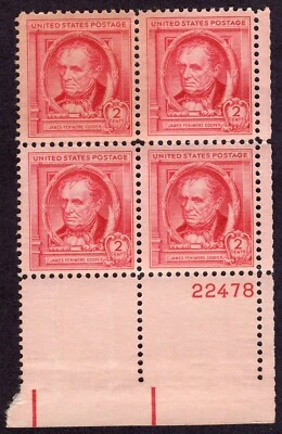 Scott #860 James Fenimore Cooper Plate Block of 4 Stamps - MNH P#22478 #1 - Image 1 of 2