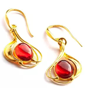 Bellissimi Orecchini Floreali Argento Sterling Rosso Ambra Ovale Placcati Oro Solido 925 - Foto 1 di 4