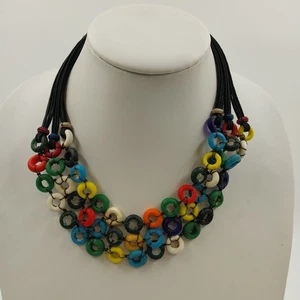 Boho Necklace Multicolor Disc Netting Statement Acrylic Cord Ball Loop Closure - Picture 1 of 7