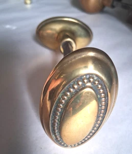 Beaded Oval Satin Brass Door Knobs w/Original Iron Spindle 2.5 x 1.5 Vintage - Picture 1 of 8