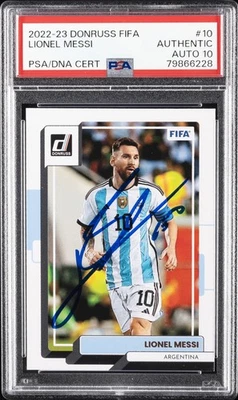 2022 PANINI DONRUSS FIFA #10 LIONEL MESSI PSA AUTHENTIC AUTO 10 - Image 1 of 2