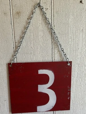 Vintage Red Metal Number Sign #3 Rustic Decor  7”x6” With Chain - Image 1 of 4