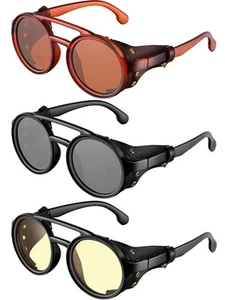 3 Pairs Retro Round Steampunk Sunglasses with Faux Leatherwear for Men Women ... - Picture 1 of 7